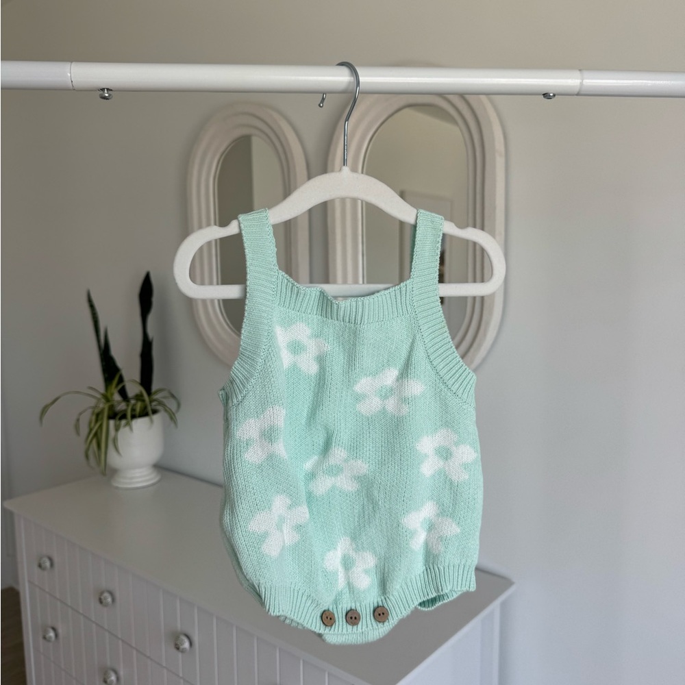 Mint Green Knit Baby Romper with White Floral Pattern